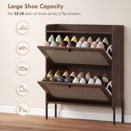 HOMCOM Boho Narrow Shoe Cabinet, Shoe Rack with 2 Flip Drawers in Dark Brown - thumbnail 5