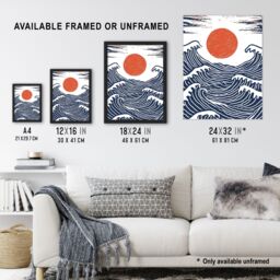 "Artery8 Wall Art Print Sun with Sea Waves Orange Blue Seascape Painting Art Framed Poster in Black - Size: W12"" x H16""" - thumbnail 3