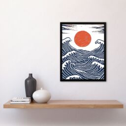 "Artery8 Wall Art Print Sun with Sea Waves Orange Blue Seascape Painting Art Framed Poster in Black - Size: W12"" x H16""" - thumbnail 4