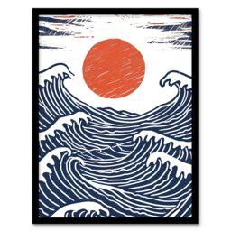 "Artery8 Wall Art Print Sun with Sea Waves Orange Blue Seascape Painting Art Framed Poster in Black - Size: W12"" x H16""" - thumbnail 1
