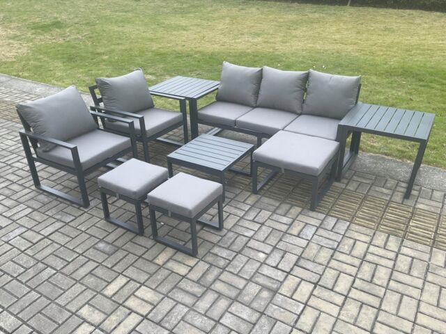 Fimous Aluminium Outdoor Lounge Sofa Set Garden Furniture Sets with Square Coffee Table 2 Chairs 3 Footstools 2 Side Tables Dark Grey 8 Seater - image 1