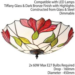 Loops Tiffany Glass Semi Flush Ceiling Light Red Flower Round Inverted Shade i00035 in Clear - thumbnail 2