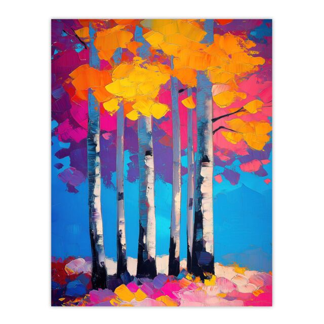 "Artery8 Autumn Birch Trees Vibrant Abstract Painting Wall Art Print in Pink - Size: W24"" x H32""" - image 1