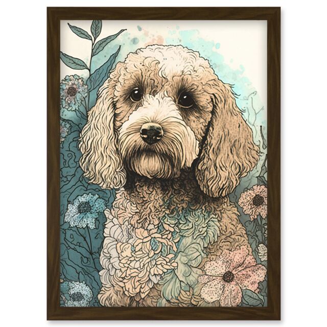 Artery8 Cockapoo Dog in Wildflower Field Pastel Watercolour Illustration Artwork Framed Wall Art Print A4 in Brown - image 1