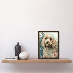 Artery8 Cockapoo Dog in Wildflower Field Pastel Watercolour Illustration Artwork Framed Wall Art Print A4 in Brown - thumbnail 2
