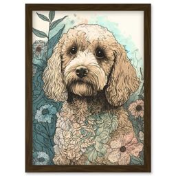 Artery8 Cockapoo Dog in Wildflower Field Pastel Watercolour Illustration Artwork Framed Wall Art Print A4 in Brown - thumbnail 1