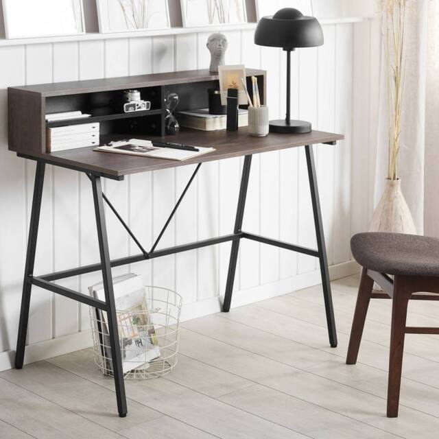 Wyld and Coco Elara Desk Dark Brown Top Black Powder Coat Metal Open Shelves - image 1