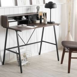 Wyld and Coco Elara Desk Dark Brown Top Black Powder Coat Metal Open Shelves