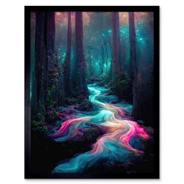 "Artery8 Wall Art Print The Enchanted Forest Magical Fantasy River Art Framed in Black - Size: W12"" x H16""" - image 1