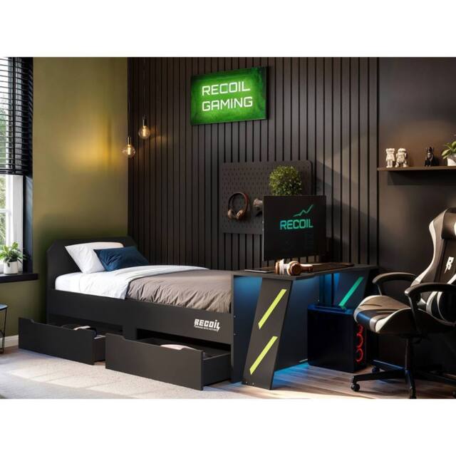 Flair Alister Gaming Single Bed with Desk Charcoal & Green - image 1