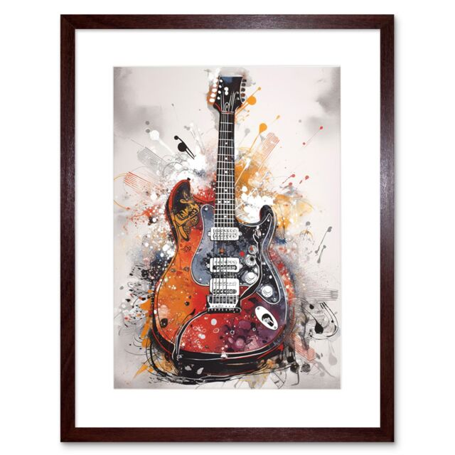 "Artery8 Wall Art Print Electric Mandolin Guitar Instrument Modern Watercolour Artwork Framed 9X7 Inch in Brown - Size: W7"" x H9""" - image 1