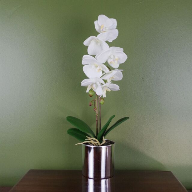 Leaf 46cm Artificial Orchid White with Silver Pot - image 1