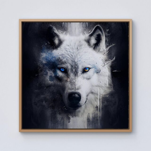 Warren Reed - Designer White Wolf Face Splashart Dark Backgrouns Framed Canvas in Light Brown - Size: w40 inch x h40 inch - image 1