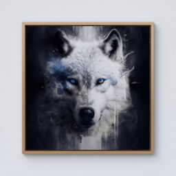Warren Reed - Designer White Wolf Face Splashart Dark Backgrouns Framed Canvas in Light Brown - Size: w40 inch x h40 inch - thumbnail 1