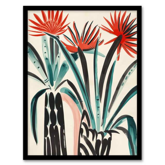 Artery8 Abstract Red Dahlia Flowers in Vases Painting Framed Art Print - Size: A4 - image 1