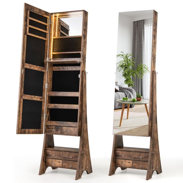 Costway Jewelry Cabinet 3-color LED Lighted Jewelry Organizer Armoire in Brown - image 1
