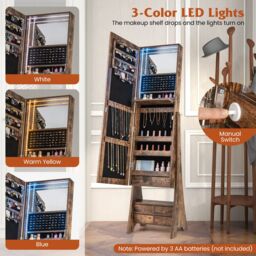 Costway Jewelry Cabinet 3-color LED Lighted Jewelry Organizer Armoire in Brown - thumbnail 5