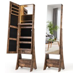 Costway Jewelry Cabinet 3-color LED Lighted Jewelry Organizer Armoire in Brown - thumbnail 1
