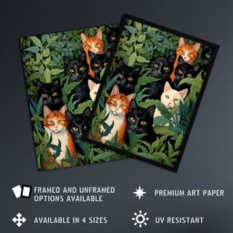 Artery8 5 Black Cats By Julia Davidson Quirky Black Ginger White Cat Group In Green Botanicals Extra Large XL Unframed Wall Art Poster Print - thumbnail 2