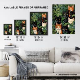 Artery8 5 Black Cats By Julia Davidson Quirky Black Ginger White Cat Group In Green Botanicals Extra Large XL Unframed Wall Art Poster Print - thumbnail 3