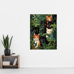 Artery8 5 Black Cats By Julia Davidson Quirky Black Ginger White Cat Group In Green Botanicals Extra Large XL Unframed Wall Art Poster Print - thumbnail 4