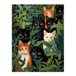 Artery8 5 Black Cats By Julia Davidson Quirky Black Ginger White Cat Group In Green Botanicals Extra Large XL Unframed Wall Art Poster Print - thumbnail 1