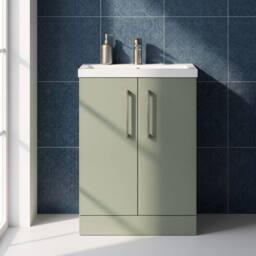Balterley Bathroom Vanity Basin Unit, Brushed Pewter Handles, 600mm, Satin Green - thumbnail 4