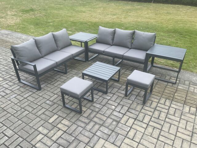 Fimous Aluminium 7 Pieces Garden Furniture Sofa Set with Cushions 8 Seater Outdoor Patio Set with Square Coffee Table 2 Footstools in Dark Grey - image 1