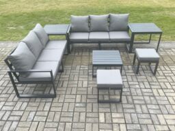 Fimous Aluminium 7 Pieces Garden Furniture Sofa Set with Cushions 8 Seater Outdoor Patio Set with Square Coffee Table 2 Footstools in Dark Grey - thumbnail 2