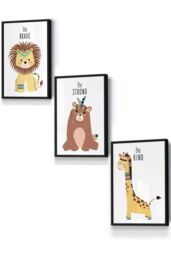 ARTZE Nursery Tribal Lion, Bear, Giraffe Quote Prints Framed Wall Art - Small in Black - Size: W33 cm x H45 cm x D20mm