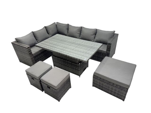 Fimous 9-seater Rattan Garden Furniture Dining Set with 3 Stools in Dark Grey - image 1