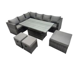 Fimous 9-seater Rattan Garden Furniture Dining Set with 3 Stools in Dark Grey - thumbnail 1