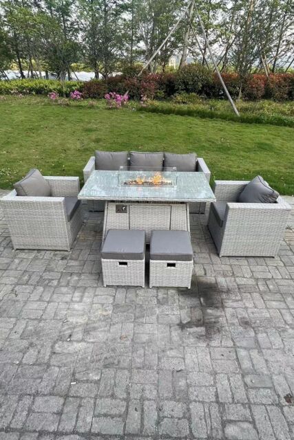 Fimous Rattan Garden Furniture Set Gas Fire Pit Dining Table Set Heater Burner Chairs in Light Grey - image 1