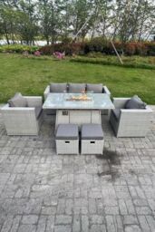 Fimous Rattan Garden Furniture Set Gas Fire Pit Dining Table Set Heater Burner Chairs in Light Grey - thumbnail 3