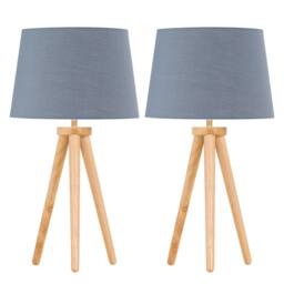 First Choice Lighting Set of 2 Light Oak Table Lamp or Bedside Lights with Grey Shades in Brown