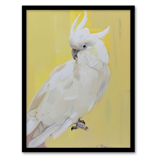 "Artery8 White Cockatoo Parrot Bird on Yellow Oil Painting Framed Art Print - Size: W12"" x H16""" - image 1