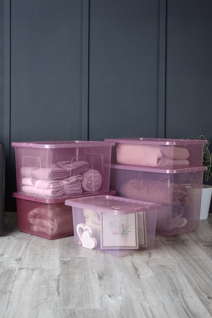 Wham Crystal 5 Piece Multisize Stackable Plastic Storage Organiser Box & Lid in Pink - image 1