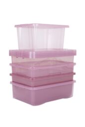Wham Crystal 5 Piece Multisize Stackable Plastic Storage Organiser Box & Lid in Pink - thumbnail 2