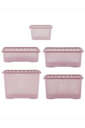 Wham Crystal 5 Piece Multisize Stackable Plastic Storage Organiser Box & Lid in Pink - thumbnail 3