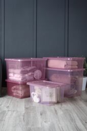 Wham Crystal 5 Piece Multisize Stackable Plastic Storage Organiser Box & Lid in Pink