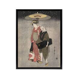 "Artery8 Geisha Walking Snow At Night Framed Canvas Wall Art Print Kitagawa in Grey - Size: W12"" x H16""" - thumbnail 1