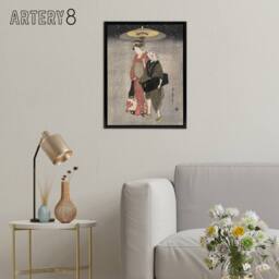 "Artery8 Geisha Walking Snow At Night Framed Canvas Wall Art Print Kitagawa in Grey - Size: W12"" x H16""" - thumbnail 3