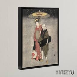 "Artery8 Geisha Walking Snow At Night Framed Canvas Wall Art Print Kitagawa in Grey - Size: W12"" x H16""" - thumbnail 2