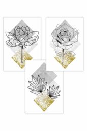 ARTZE Set of 3 Geometric Line Art Yellow Flowers Art Posters - Size: W50 cm x H70 cm - thumbnail 1