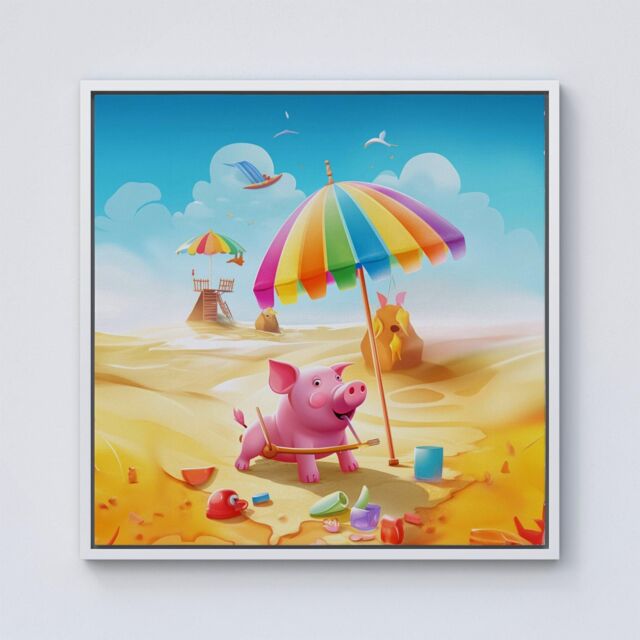 Warren Reed - Designer Pig On A Beach Holiday Framed Canvas in Off-White - Size: w10 inch x h10 inch - image 1