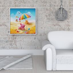 Warren Reed - Designer Pig On A Beach Holiday Framed Canvas in Off-White - Size: w10 inch x h10 inch - thumbnail 2