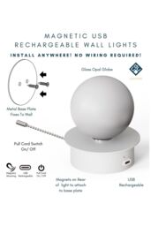 CGC Lighting 'Macie' White & White Opal Globe LED Rechargeable Magnetic USB Reading Bedside Wall Light Pull Cord Switch - thumbnail 3