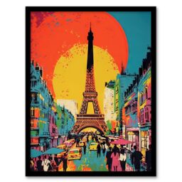 Artery8 Wall Art Print Eiffel Tower Sunset Vibrant Painting Busy Paris Street Pedestrians Walking To Monument Art Framed - Size: A4 - thumbnail 1