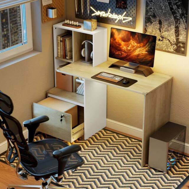 HOMCOM Computer Desk with Lockable File Drawers, Oak Wood Effect in Natural - image 1