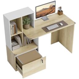 HOMCOM Computer Desk with Lockable File Drawers, Oak Wood Effect in Natural - thumbnail 2